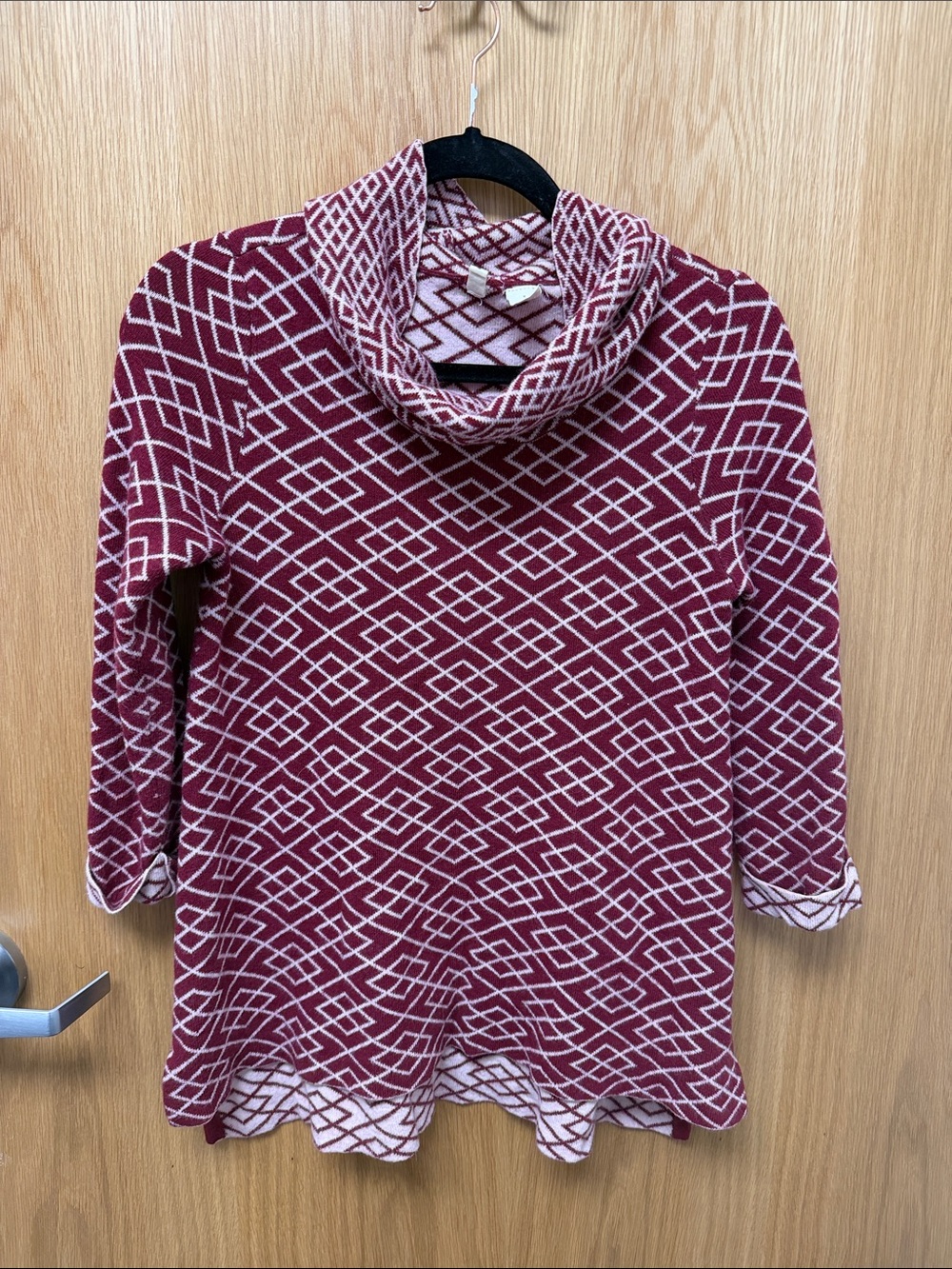Moth Anthropologie Burgundy and White Geometric Cowl Neck Cozy Fall Sweater